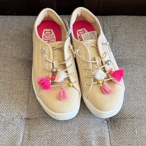 Hey Dude Tan Canvas Shoes with Pink Tassels